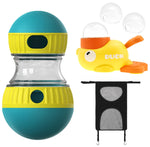 Dog treat dispenser styles with duck toy and cleaning accessories
