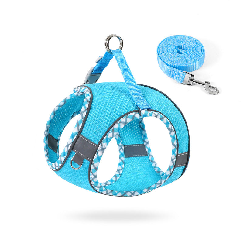 Bright blue reflective no-pull dog harness with matching leash