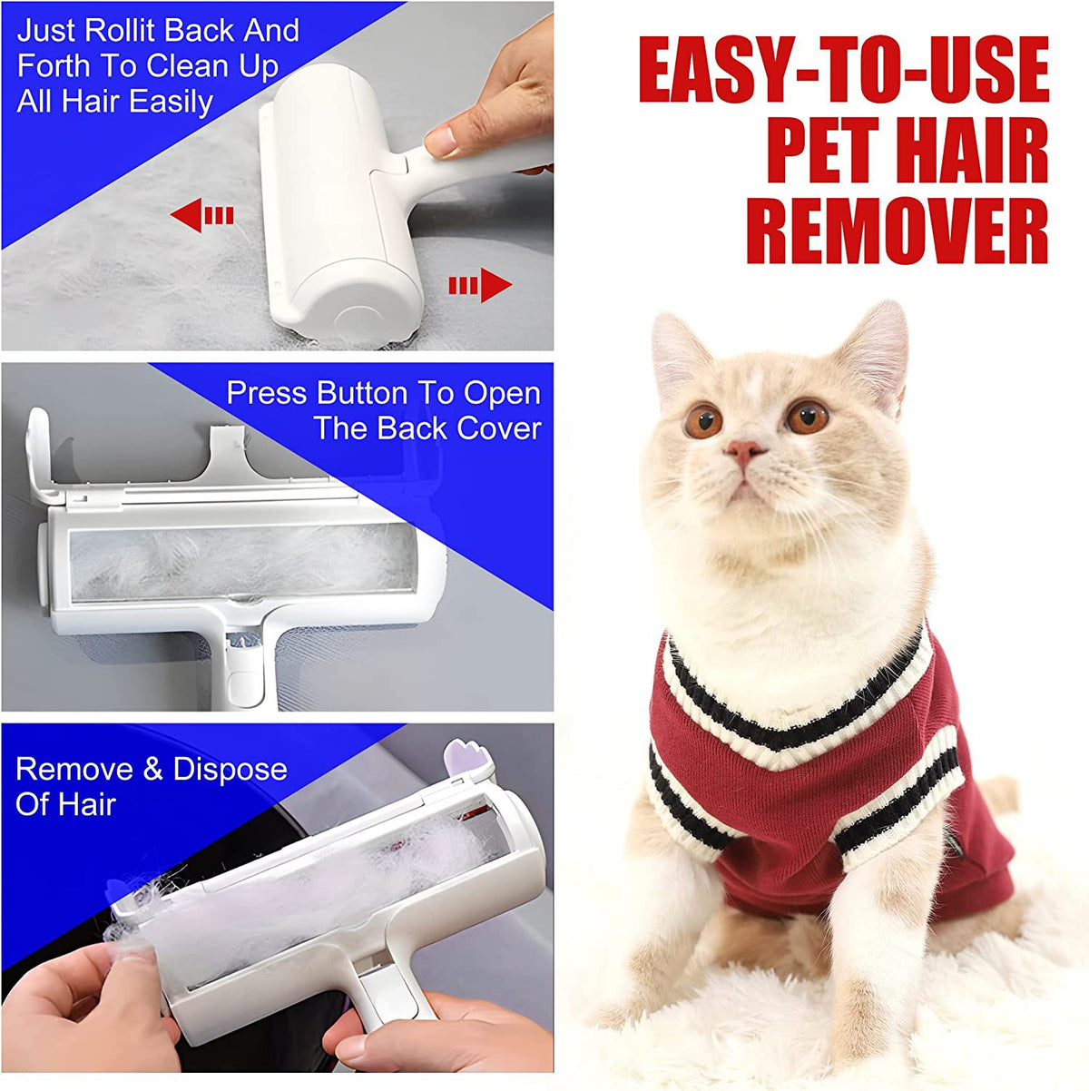 Instructions for opening and cleaning reusable pet hair remover roller