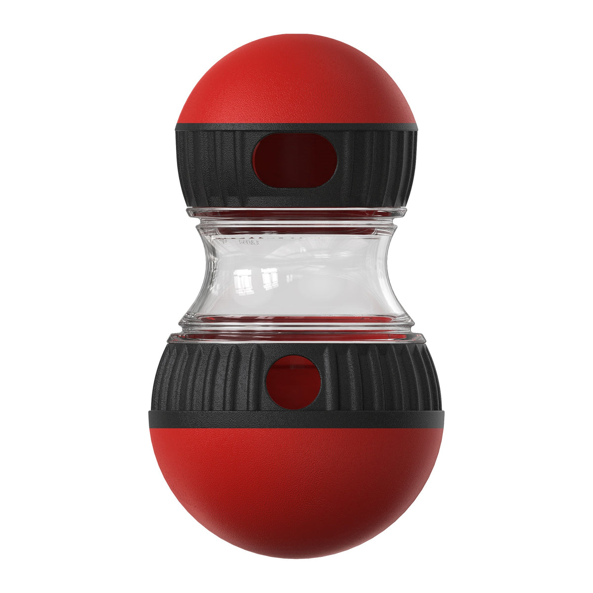 Upright red and black interactive dog treat dispenser