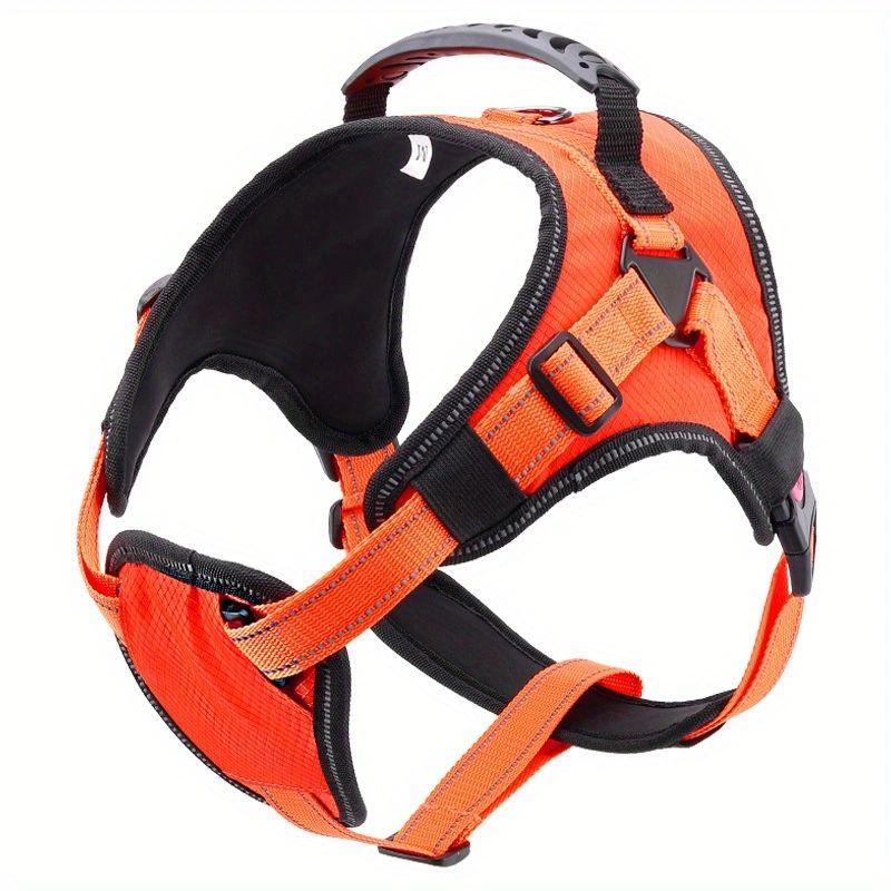 Angled view of orange breathable reflective no-pull dog harness