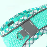 Close-up of metal leash ring on mint reflective dog harness
