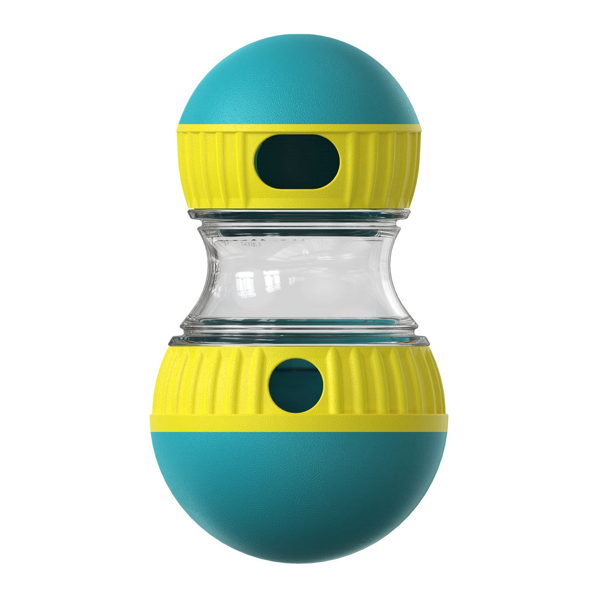Upright blue and yellow interactive dog treat dispenser